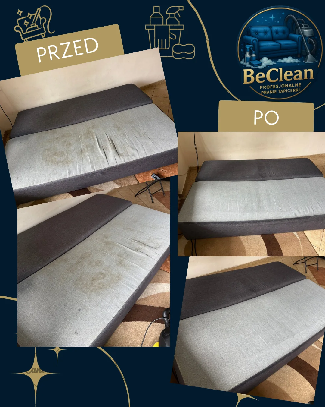 Szara kanapa - przed i po czyszczeniu, realizacja BeClean