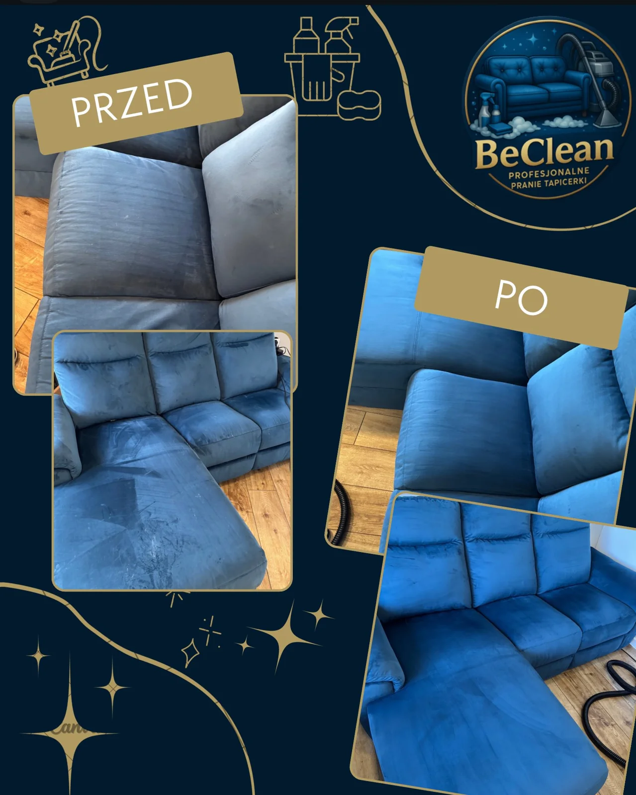 Niebieski narożnik - przed i po czyszczeniu, realizacja BeClean