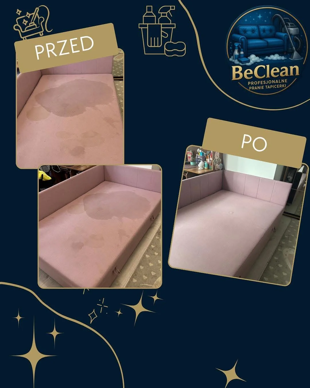 Różowe łóżeczko - przed i po czyszczeniu, realizacja BeClean